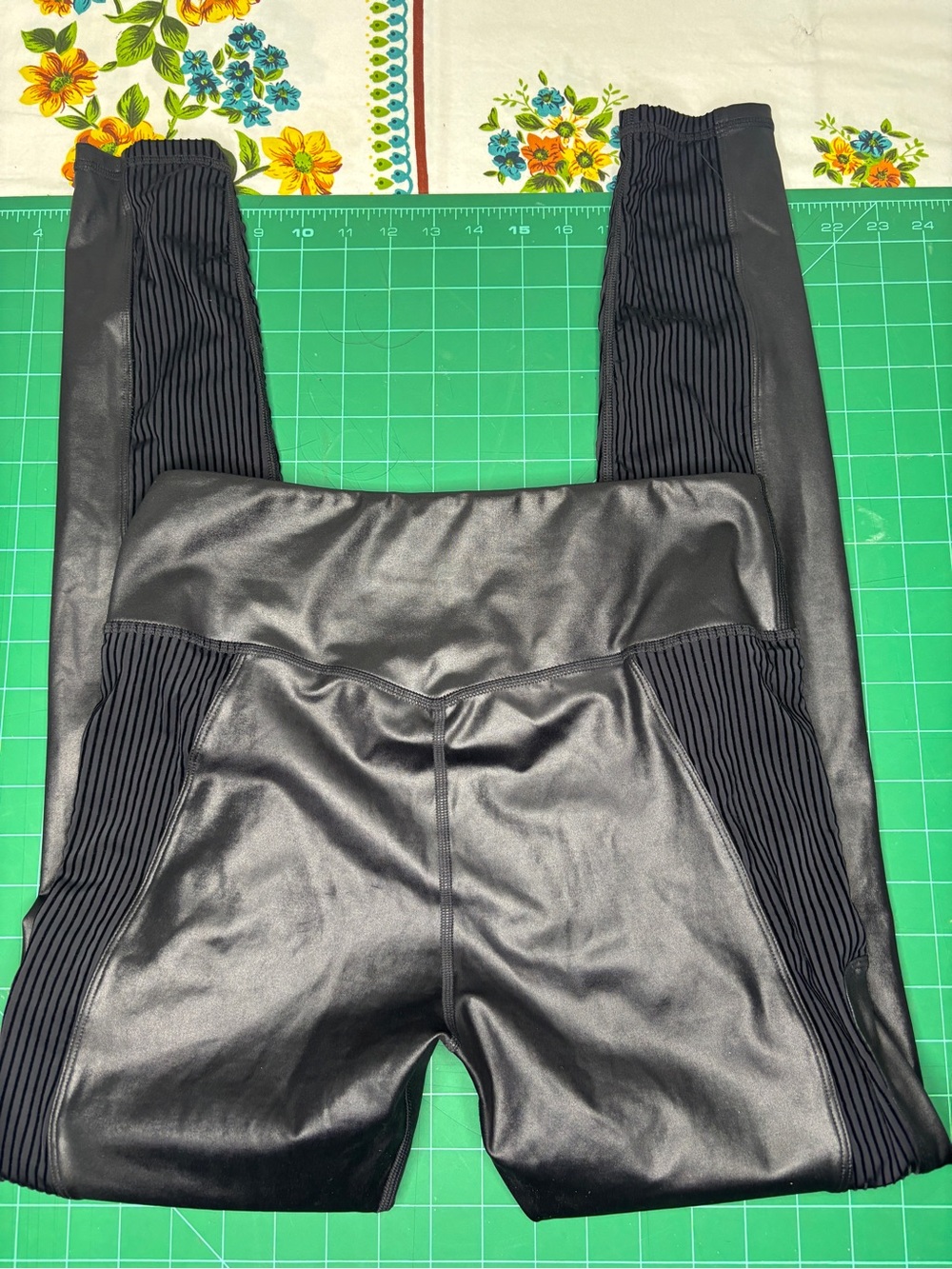 Fabletics Women’s Black Faux Leather High-Rise Workout Leggings Ribbed Panels